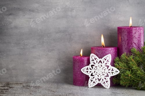 Preview: Three Purple Candles On Gray Background, Christmas Decoration. Advent Mood.