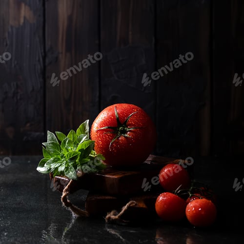 Preview: Fresh Tomato Served On Rustic Small Wooden Boards With Parsley, Cherry Tomatoes And Basil Over Dark