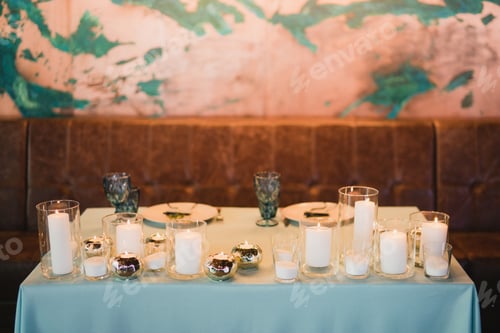 Preview: Coziness And Style. Modern Event Design. Table Setting At Wedding Reception. Floral Compositions