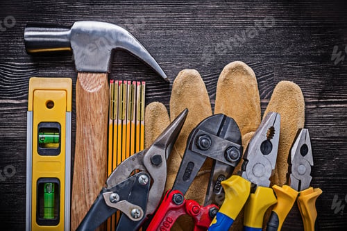 Preview: Big Set Of Construction Tools On Wooden Board.