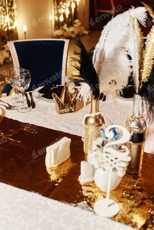 Preview: Tables Set For An Event Party Or Wedding Reception. Luxury Elegant Table Setting Dinner In A