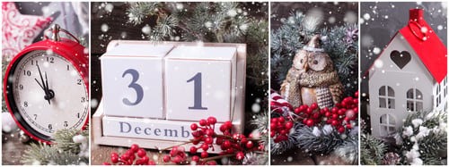 Preview: Winter Holiday Site Header.Collage From Christmas Or New Year Photos. Decorative Santa Hat, Clock