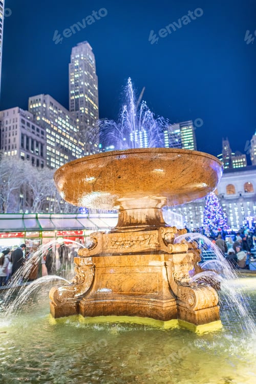 Preview: Fountain Of Bryant Park At Night In Winter, New York City.