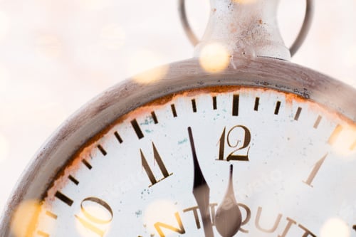 Preview: Abstract Background With Fireworks And Clock Close To Midnight. Christmas And Happy New Years Eve