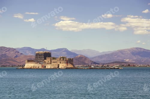 Preview: Small Island, Bourtzi Fortified Island, Nafplio, Argolida Peloponnese, Greece. Medieval Fortress