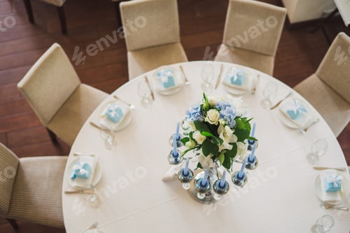 Preview: Floral Composition On The Table At Wedding Reception, Top View