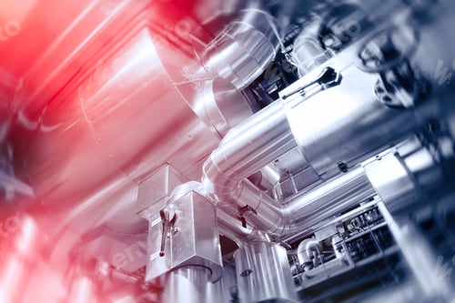 Preview: Industrial Factory. Various Mechanisms And Metal Pipes. Toned Image. Motion Blur Effect.