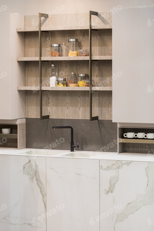 Preview: Modern Kitchen White Marble Texture, Black Faucet And Marble Sink, Hanging Wooden Sideboard Shelves.