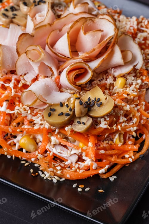 Preview: Salad With Ham On Black Square Plate