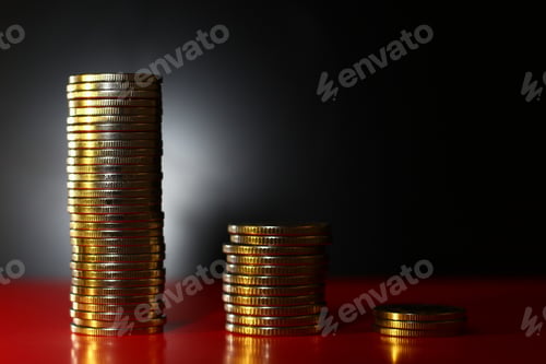 Preview: Coins On A Blurred Background Of A Falling Falling Chart, Crisis Trend