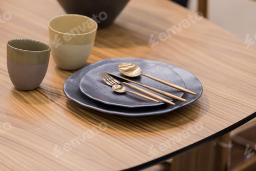 Preview: Beautiful Tableware, Gray Plates, Golden Spoon And Fork, Fancy Cups.