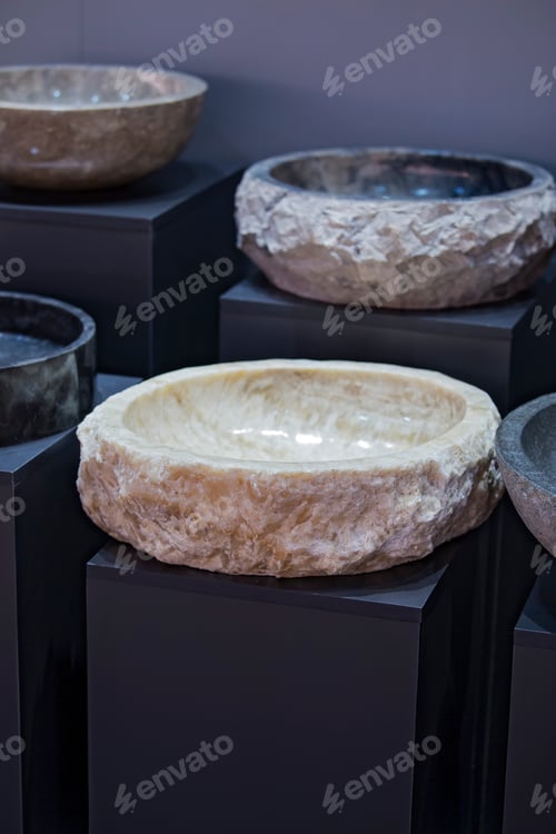Preview: Decorative Stone Sinks. Modern Bathroom With Selfmade Granite Sink Made From A Rock. Marble Sink In