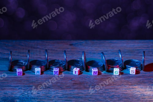 Preview: Savings Cubes With Text In Neon Street Cyber World Of Darkness. Atmospheric Concept. Abstract