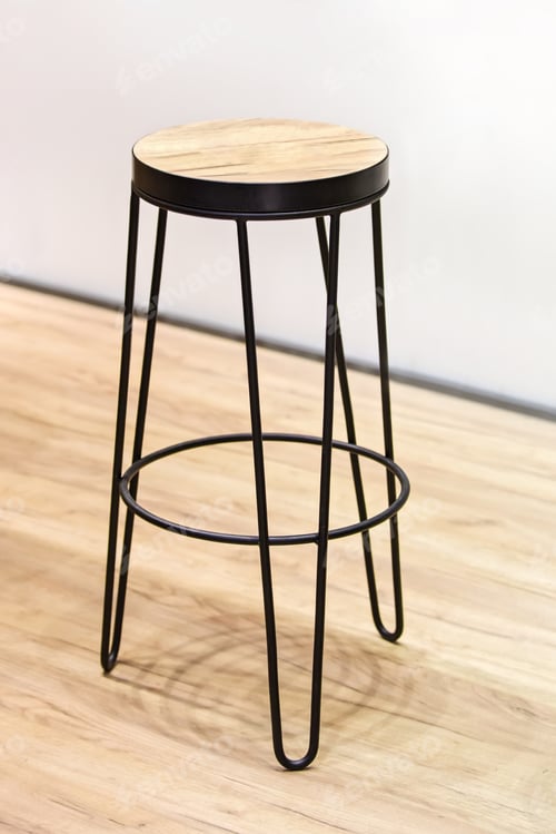 Preview: Fashionable Wooden High Chair For Restaurant Bar, Wood And Forged Black Metal Frame