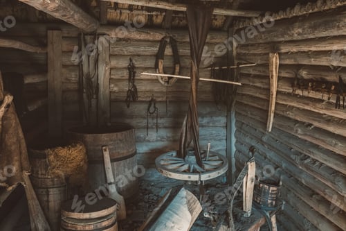 Preview: Interior Of Vintage Leather Workshop. Leather Crafting Tools On Wooden Wall.