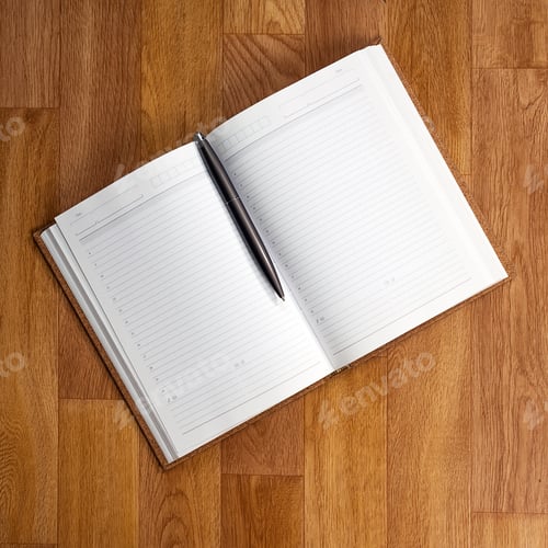 Preview: Blank Notepad With Office Supplies On Wooden Table. Above View.