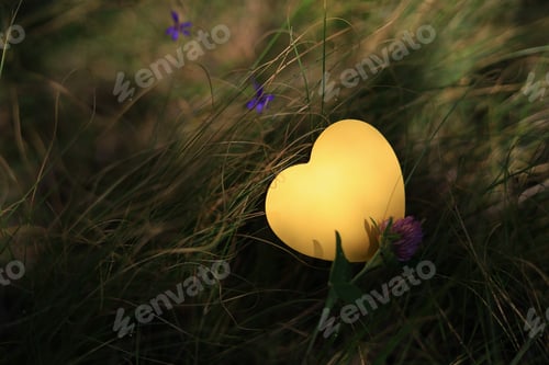 Preview: Heart Shaped Paper Sticker In The Grass. Selective Focus With Blurred Background.
