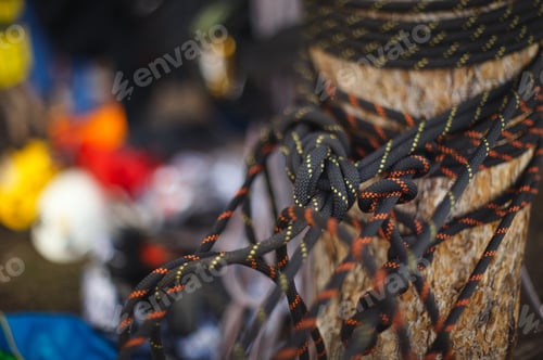 Preview: Climbing Rope Tethered To A Tree Trunk. Tilt-Shift Effect.