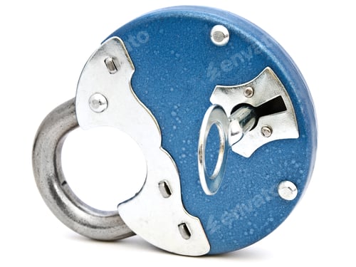 Preview: Blue Metal Padlock With Key Against The White Background