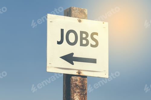 Preview: Jobs Word And Arrow Signpost On Clear Sky Background. Motivational Sign.Vintage Style.