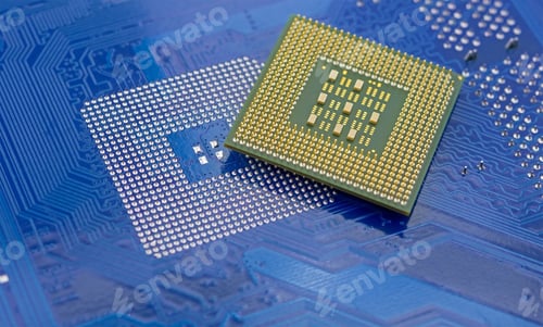 Preview: Macro Of Computer Processor On Blue Motherboard Circuit
