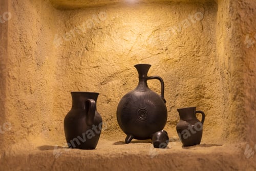 Preview: Antique Pottery In A Stone Niche. Selective Focus On Blurred Background.