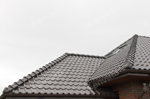 Preview: Dark Brown Ceramic Tile Roof Close Up. Toned Image.Copy Space