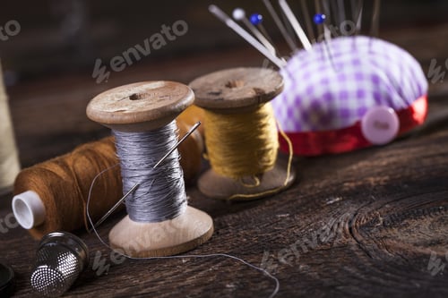 Preview: Sewing Instruments, Threads, Needles, Bobbins And Materials. Studio Photo