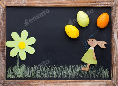 Preview: Spring And Easter Decor. Wooden Symbols Bunny, Flowers And Butterflies.