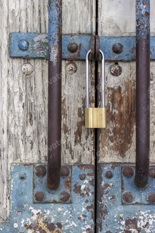Preview: Old Wooden Door With Locked Padlock, Entrance To The Warehouse