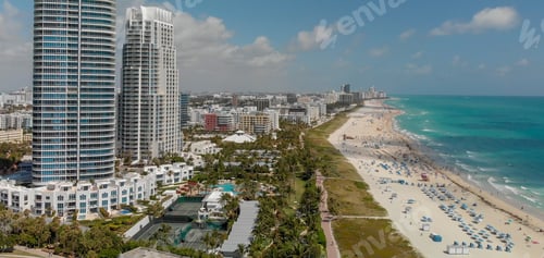 Preview: Aerial Panoramic View Of Miami Skyline And Coastline From South Pointe Park, Florida.