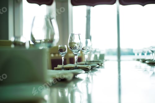Preview: Row Of Wine Glasses.Wine Tasting.Glasses On The Table In The Restaurant, A Fork, A Spoon, A Knife