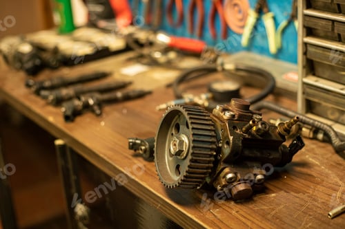 Preview: Spare Car Engine Resting On The Mechanical Workshop Bench