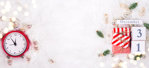 Preview: Holiday Banner With Calendar, Red Alarm Clock, Gift Boxes With Presents, Fairy Lights And Fur Tree