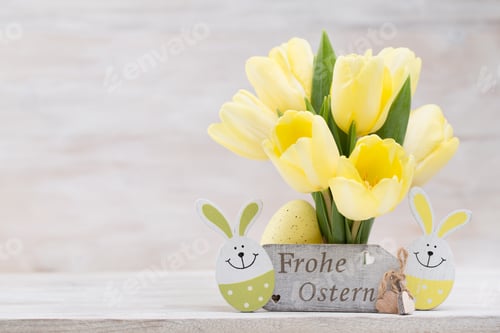 Preview: Yellow Tulips, Spring Flowers And Easter Decoration.
