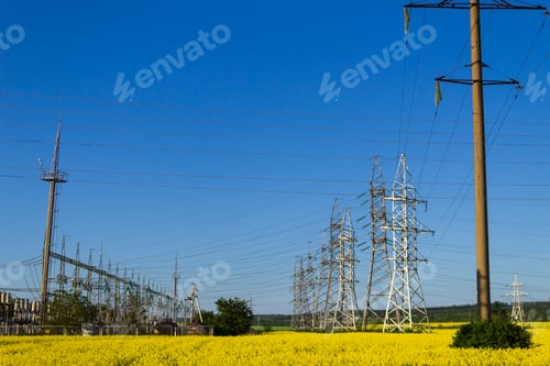 Preview: High Voltage Wires In A Rapeseed Field. Bioenergy Concept