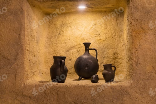 Preview: Antique Pottery In A Stone Niche. Selective Focus On Blurred Background.