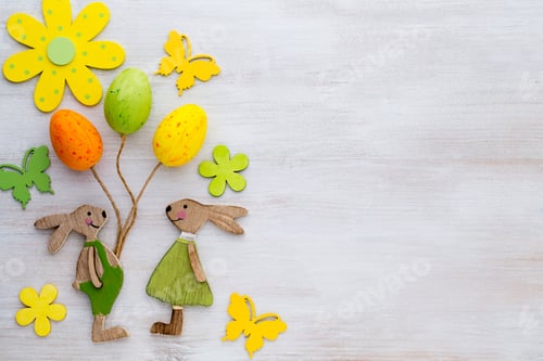 Preview: Spring And Easter Decor. Wooden Symbols Bunny, Flowers And Butterflies.