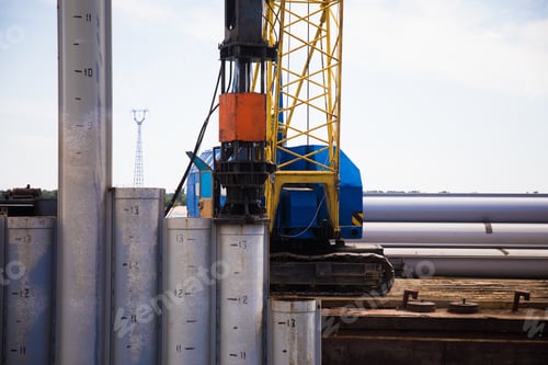 Preview: Piling Machine Working On The River Bank Hammers Piles To Strengthen The Bank And Build A Bridge
