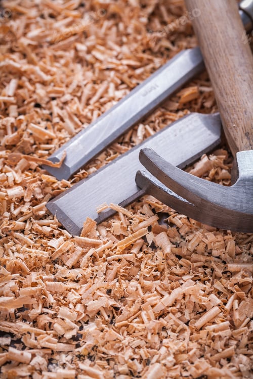 Preview: Claw Hammer And Metal Chisels In Wooden Planning Chips On Vintage Wood Board Construction Concept.