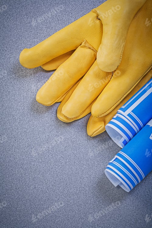 Preview: Set Of Safety Gloves Blue Blueprints On Grey Background.
