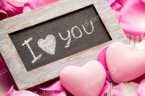 Preview: Pink Rose Petals With The Words "I Love You" And Heart.