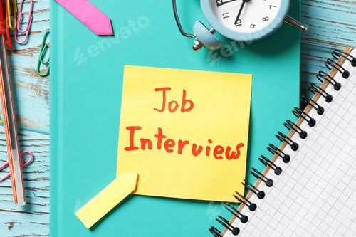 Preview: Job Interview Concept. Composition Of Notebooks, Pens, Pencil, Stickers On A Colored Background