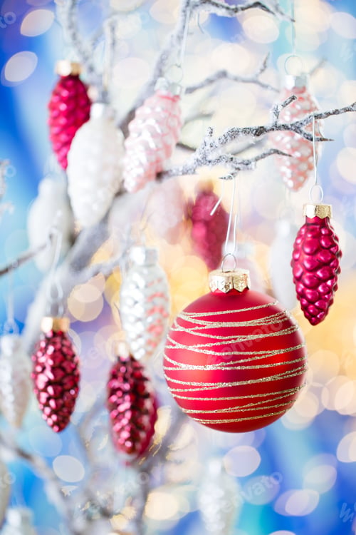 Preview: Christmas Greeting Card. Cone Decoration On Bokeh Background. New Year Concept. Copy Space. Flat