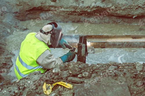 Preview: Welding Steel Beams In Trench Filled With Water At Construction Site. Made With Vintage Style.