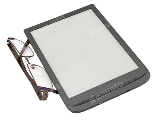 Preview: The Glasses Are Lying On The Book Reader On White Background