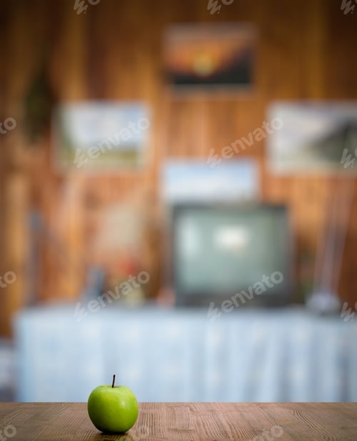 Preview: Green Apple On Old Vintage Wooden Table In The Living Room