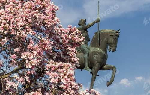 Vista previa: King Tomislav Statue And Magnolia Tree In Blossom, Zagreb, Croatia