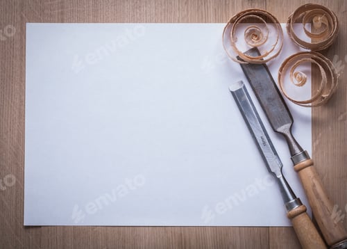 Preview: Curled Wooden Shavings Firmer Chisels And Blank Sheet Of Paper On Wood Board Copyspace Image