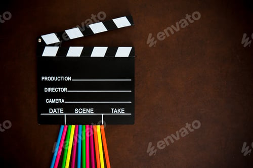 Preview: Wooden Writer Desktop With Colorful Pencil And Black Movie Clapper Board